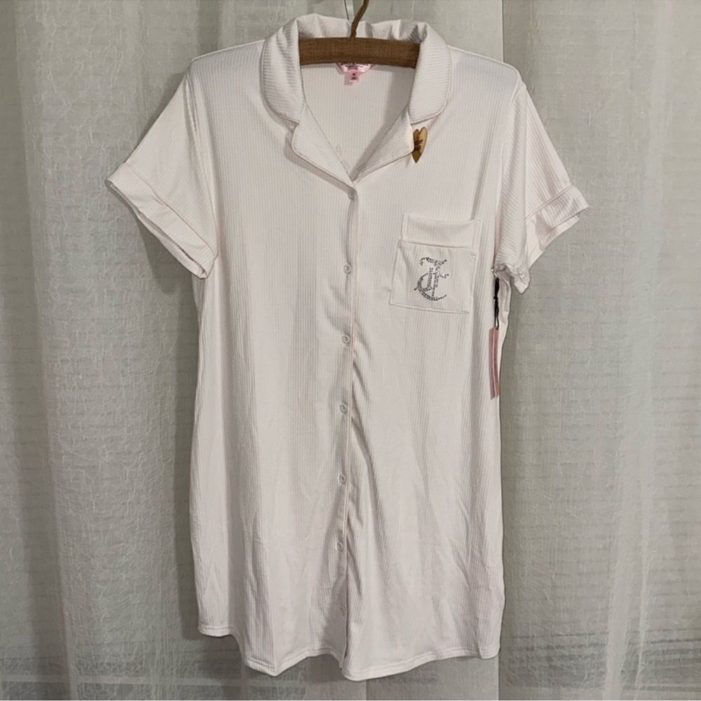 Juicy Pastel Parchment Ribbed Knit Button Notched Collar Sleep Shirt